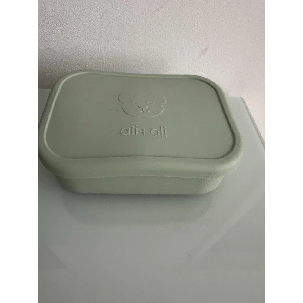 ✿ Ali+Oli Silicone Kids Bento Lunch Box Set Sage Green Bear Toddler Cute